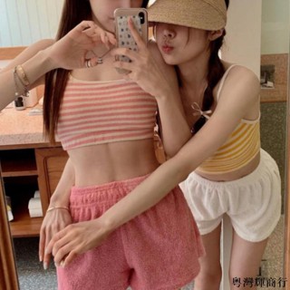 【夏日熱銷】韓版新款 時尚條紋 高腰泳衣三組件 糖果色可愛學生泳衣