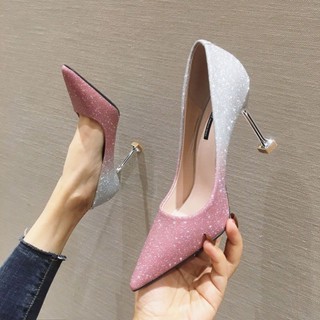 【時尚休閒】漸變粉色婚鞋單鞋女2024春季百搭新款性感尖頭網紅法式細跟高跟鞋