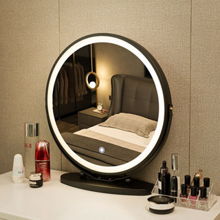 網紅圓形化妝鏡臺式LED燈鏡子簡約智能輕奢燈鏡帶燈梳妝臺化妝鏡
