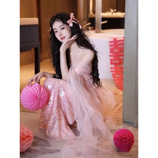 免運 ins韓係 芭比穿搭 日係 晨袍中式訂婚新娘敬酒粉色婚紗禮服裙結婚2024新款抹胸超僊連衣裙