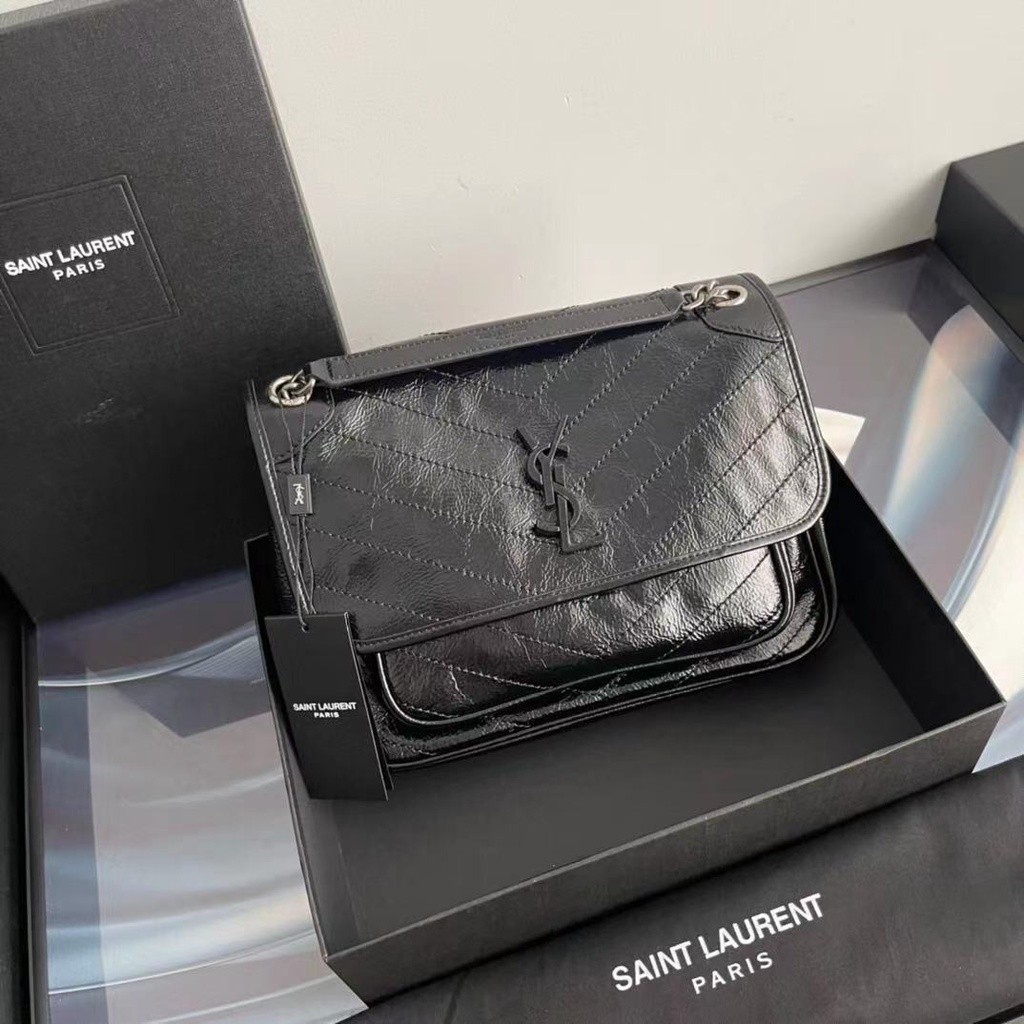 正貨/二手 名品 Saint Laurent 聖羅蘭 YSL NIKI 中號／小號 油蠟牛皮黑色郵差包流浪包單肩包 斜