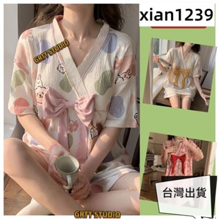 免運 睡衣女 帶胸墊 夏天日系 短袖短褲套裝 固定罩杯 免穿內衣 寬鬆大尺碼 女生 卡通可愛 外穿居家服套裝 M-2XL