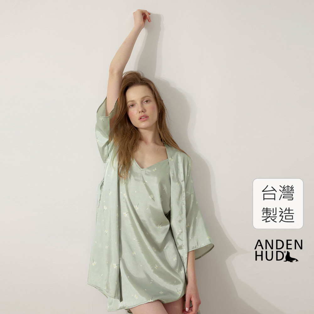【Anden Hud】連身_療癒烘焙．吸濕排汗後深V拼蕾絲接緞面睡衣(煙霧綠-滿天雛菊) 台灣製