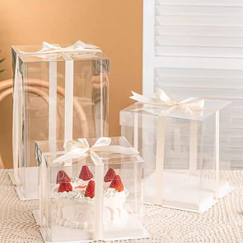 [小皮花坊] 透明蛋糕盒緞帶透明蛋糕盒透明禮物盒方形透明蛋糕盒透明生日蛋糕盒方形蛋糕盒240425
