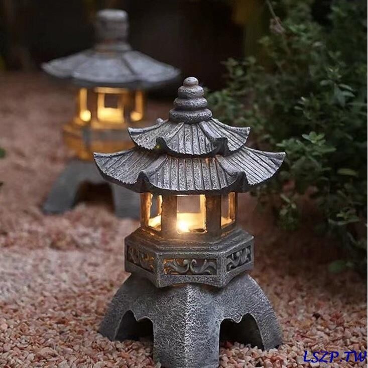 🔥台灣出貨⚡免運🔥中式日式太陽能燈禪意石塔裝飾擺件花園庭院樹脂小宮燈雕塑佛具戶外燈