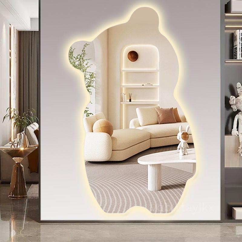 創意小熊異形穿衣鏡貼墻充電led燈家用房間壁掛式不規則全身鏡