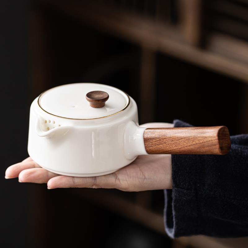 木柄茶壺 日本側把壺 逍遙泡茶壺大容量 粗陶側把壺 烤奶茶壺 側把壺陶瓷 羊脂玉茶壺陶瓷泡茶單壺傢用紅茶茶具套裝陶瓷茶壺