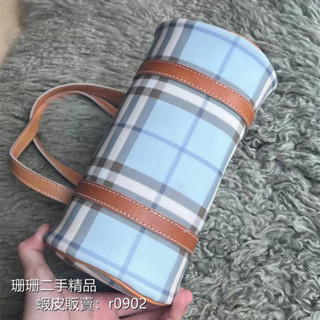 【二手精品】BURBERRY 博柏利 PVC波士頓包包 中古包 手提包 肩背包 竹筒包 藍格紋圓筒小號 免運 實拍