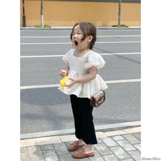 熱銷新款日韓韓國童裝2023春夏女寶寶露背泡泡袖上衣黑色喇叭褲甜美兩件套兒童 Daisy