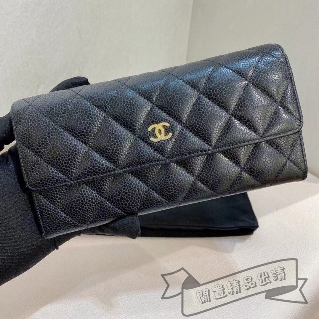 全新二手 CHANEL 香奈兒 黑色 荔枝紋/羊皮 金CC 翻蓋 信封式 經典長夾 錢包 A50096 實拍