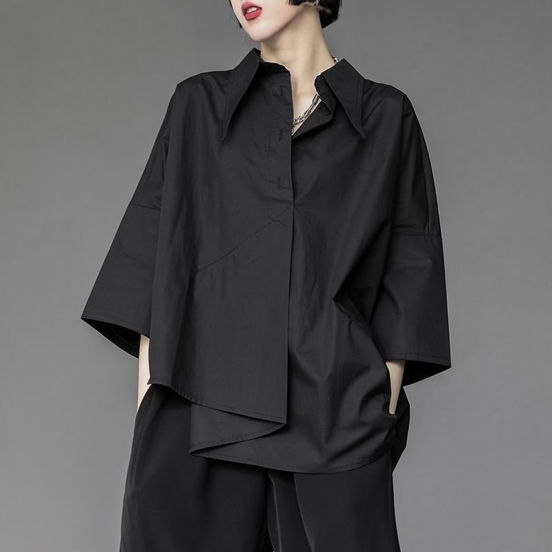 外貿出口撿漏慵懶風寬鬆短袖黑色襯衫設計感小衆不規則七分袖襯衣KAVU