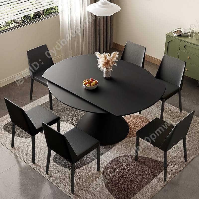 多色岩板可選黑色岩板餐桌圆桌方桌可變圓桌現代簡約家用小戶型方圓兩用桌子旋轉伸縮圓餐桌