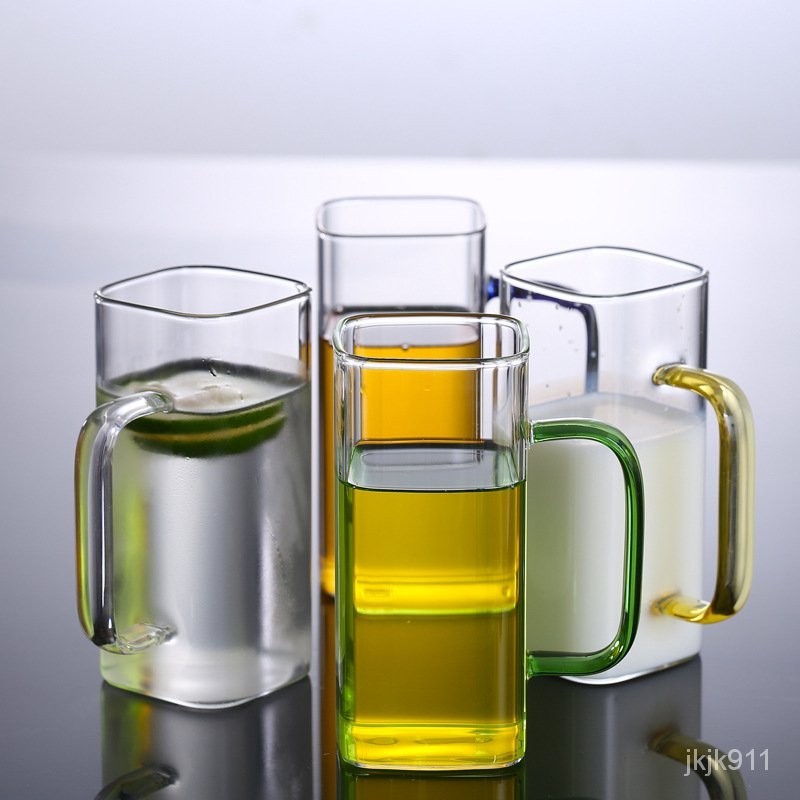 方形玻璃杯帶彩色把手牛奶果汁杯透明簡約傢用杯子高硼硅玻璃水杯