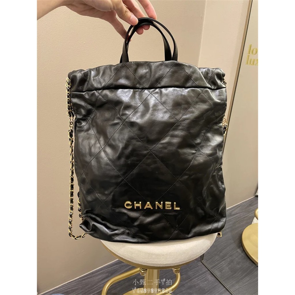 二手精品 CHANEL 22bag 後背包 黑色金字 牛皮 新款 雙肩包 22B新款 實拍