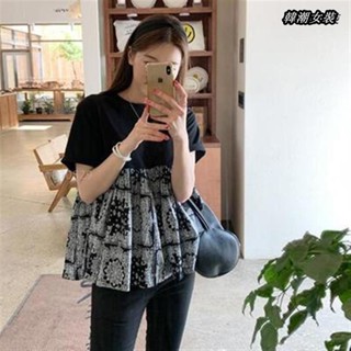 【韓潮大尺碼】【M-4XL】胖mm150公斤裙擺短袖t恤女大尺碼寬松荷葉邊小衫上衣蓬蓬A字娃娃衫大尺碼女裝