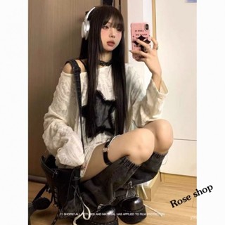 【臺灣出貨】🍋【y2K辣妹毛衣】國潮美式灰色廢土風辣妹T恤秋季女上衣星星破洞寬松長袖打底衫ins 多巴胺 Y2K 亞文化