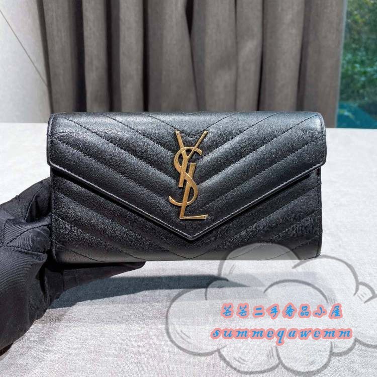 二手精品 Saint Laurent聖羅蘭 YSL 魚子醬紋 金扣 黑色長夾/錢包/手拿包372264