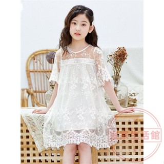 女童連衣裙2023夏季韓版小女孩白色蕾絲裙兒童禮服公主裙中大童裙