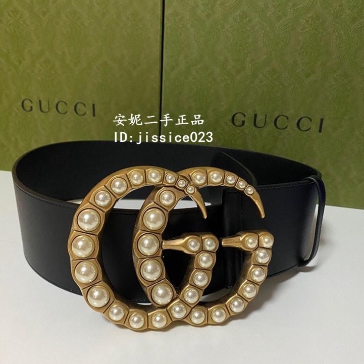 正品現貨 Gucci古馳 女款黑色寬皮帶 珍珠雙G帶扣皮革 寬版腰帶 4釐米寬 453260