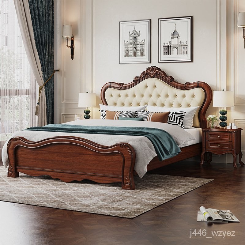 美式鄉村實木床複古1.8m雙人床歐式軟包現代簡約主臥仿古大床婚床 AM6C