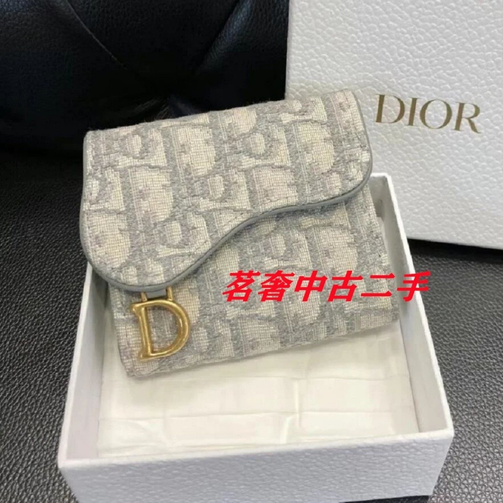 DIOR 迪奧 SADDLE LOTUS Oblique印花 淺灰色 女生 三折 馬鞍 短夾 皮夾 錢包