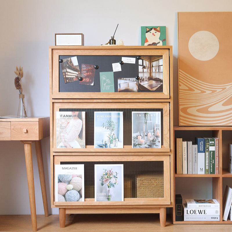 臥室實木書櫃現代簡約多功能展示櫃儲物收納櫃北歐玻璃邊櫃帶落地