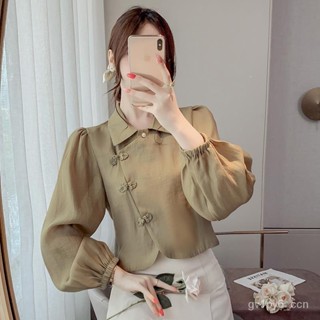 希希の衣櫥歐貨複古雪紡襯衫女秋季2024新款國風盤扣卡腰小衫泡泡袖短款上衣 襯衫外套 襯衫洋裝 襯衫套裝 襯衫短袖