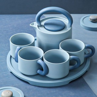 #馬剋杯 北歐藍色係杯具套裝 傢用水具 陶瓷 整套 簡約撞色 茶杯 客廳 冷水壺 安木與島