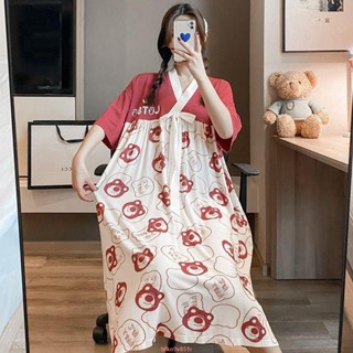 【新貨熱賣】冰絲寬松加大碼睡裙女2-300斤夏季短袖卡通可愛日系胖mm薄款睡衣大碼睡裙加大睡衣大尺碼
