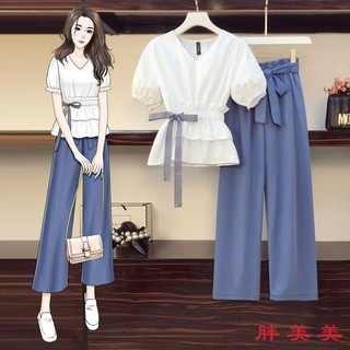 【M-5XL大尺碼】大尺碼套裝 休閒女裝 夏季套裝 單件/套裝 胖妹妹2024春夏新款大碼女裝寬鬆顯瘦闊腿褲套裝兩件套