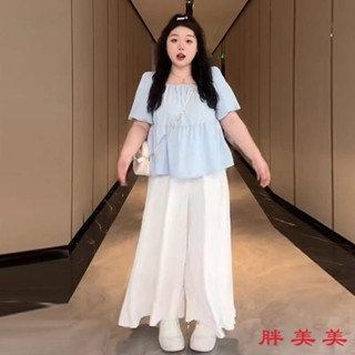 【M-5XL大尺碼】大尺碼套裝 休閒女裝 夏季套裝 大碼泡泡袖襯衫女夏季胖mm顯瘦寬鬆遮肚子襯衣設計感小眾方領上衣