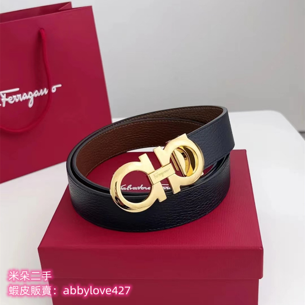 二手精品 Salvatore Ferragamo 菲拉格慕 經典復古logo 金色/銀色皮帶頭 男士皮帶 腰帶 現貨免運