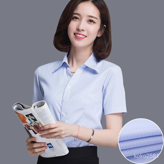 臺灣夏季女士短袖商務襯衫白底藍條紋顯瘦免燙職業裝V領修身工裝襯衣
