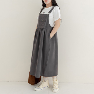 【PolyLulu】 MORI.森林系可調節式抓摺傘襬斜紋吊帶裙 中大尺碼洋裝 深灰色