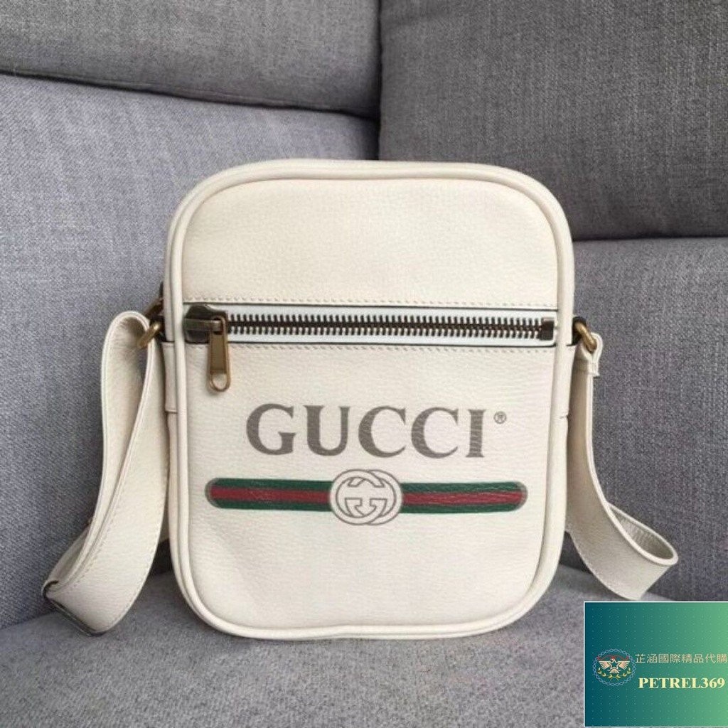 二手精品 Gucci 古馳 男女同款 白色 印花拉鏈 郵差包 斜跨包 肩背包 523591