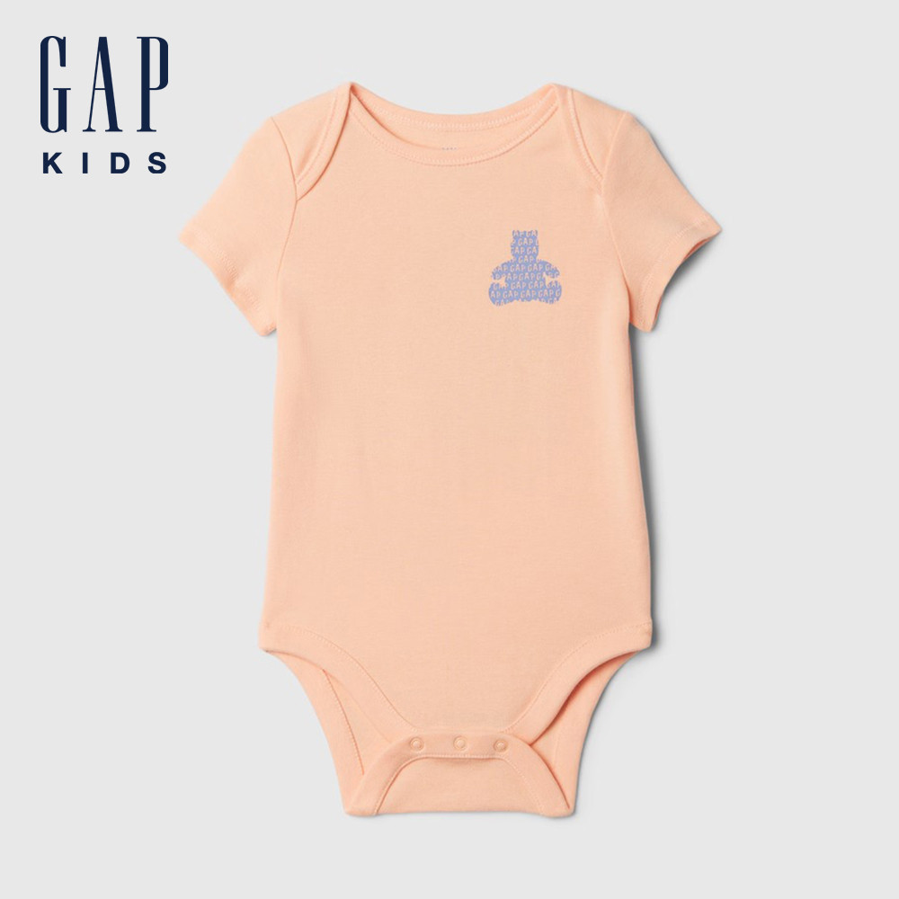 Gap 嬰兒裝 Logo純棉小熊印花圓領短袖包屁衣-橙色(427711)