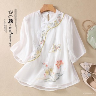 古風穿搭 漢服穿搭 民族風刺繡紗襯衫女夏2023新款改良唐裝女中國風盤扣雪紡上衣
