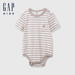 Gap 嬰兒裝 純棉小熊刺繡短袖包屁衣-淺咖白條紋(505565)