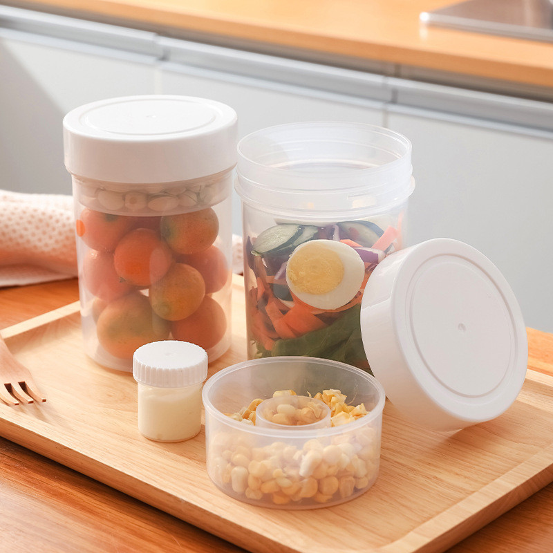 【現貨】新款優惠冰箱雙層保鮮盒便攜式水果沙拉罐子雜糧堅果收納盒廚房透明密封盒