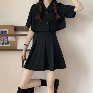 單/ins襯衫套裝女夏季韓版新款短袖上衣+高腰短款裙子兩件套學生 夏天套裝 夏季套裝 套裝 女生衣服 個人套裝 兩件套裝