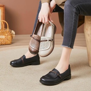 【GL SHOES】女鞋 豆豆鞋娃娃鞋 單鞋 一腳蹬平底鞋 2024夏季新款真皮鏤空洞洞鞋女中老年軟底媽媽鞋平底防滑單鞋