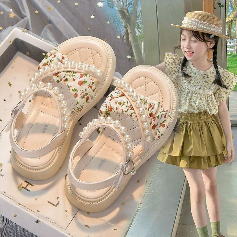 Yelly's~Shop女童涼鞋2024夏季新款兒童珍珠公主鞋小女孩軟底防滑中大童沙灘鞋