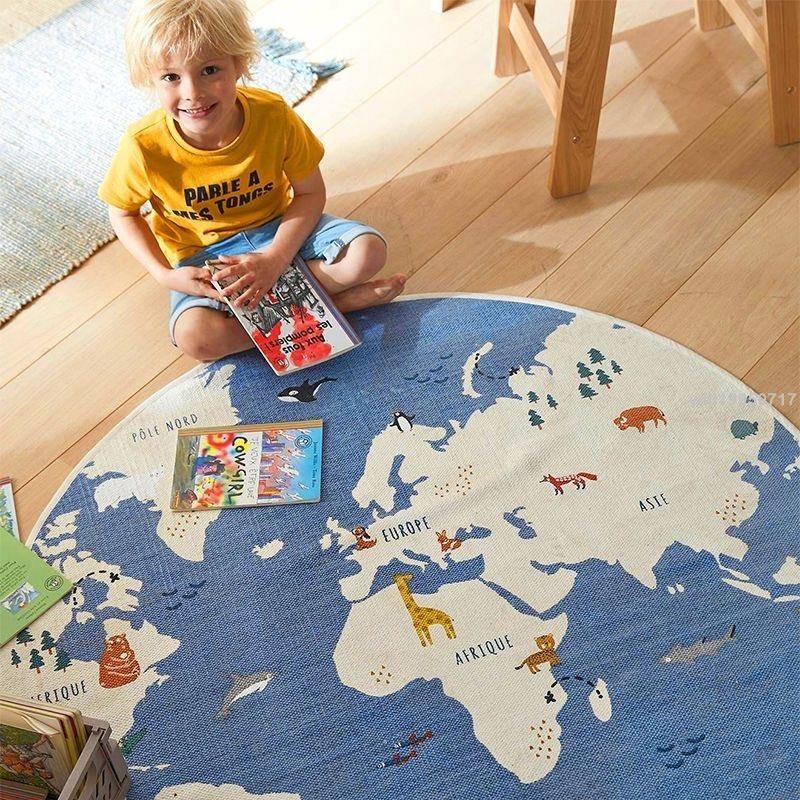 ⚡【直徑160cm/200cm】新款可愛卡通動物地圖兒童臥室地毯圓形加厚房間床邊毯北歐風可擦