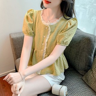 SY法式上衣遮肚子上衣女夏季短袖襯衫韓係上衣裙擺小衫收腰洋氣T恤新款短袖雪紡襯衫
