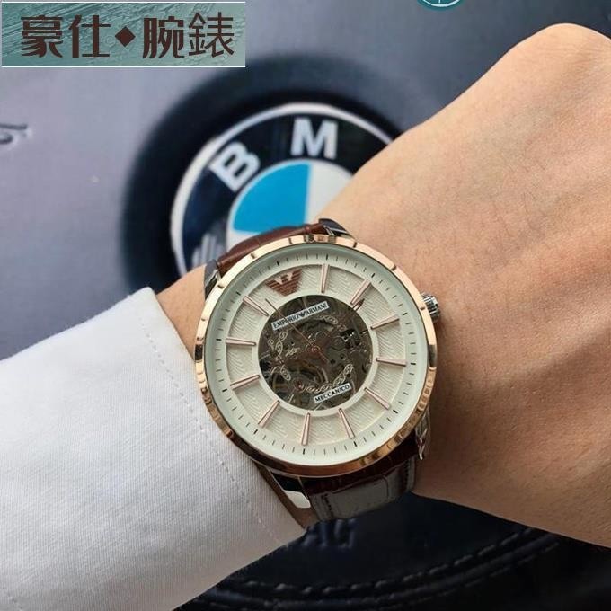 高端 Armani 阿瑪尼手錶男黑武士鏤空機械錶防水皮帶新款男士腕錶Ar1946直徑​42mm13mm​​