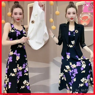 🔥媽媽兩件套連衣裙 中老年女洋裝 婆婆連身裙 奶奶裝 太太裝長袖開衫+背心裙 修身顯瘦氣質裙歐貨網紅爆款高階感胸針西服