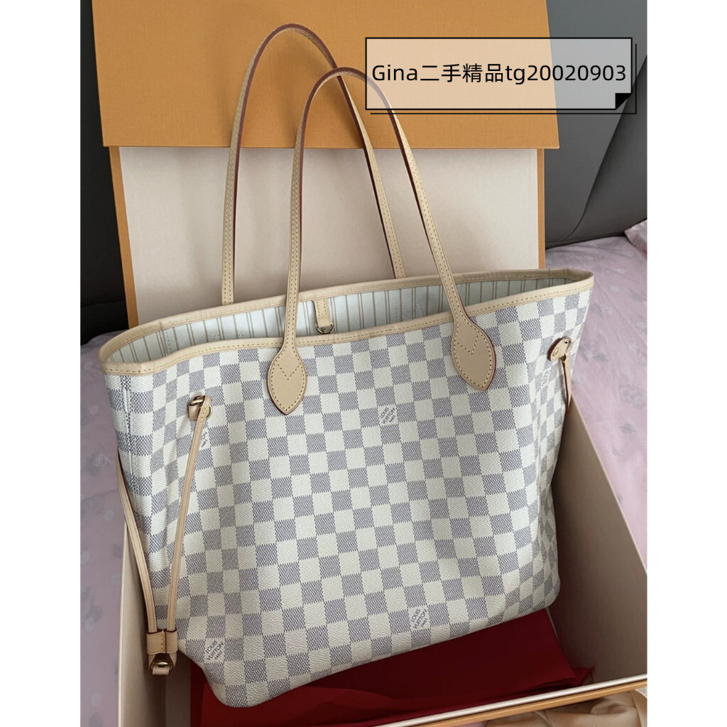 二手 LV 路易威登 Neverfull 白色棋盤格 子母包 中號 單肩包 購物袋 托特包 N41361