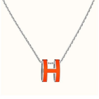 二手 Hermes 愛馬仕 經典橢圓 Pop H Logo 橙色 銀鍊項鍊~現貨