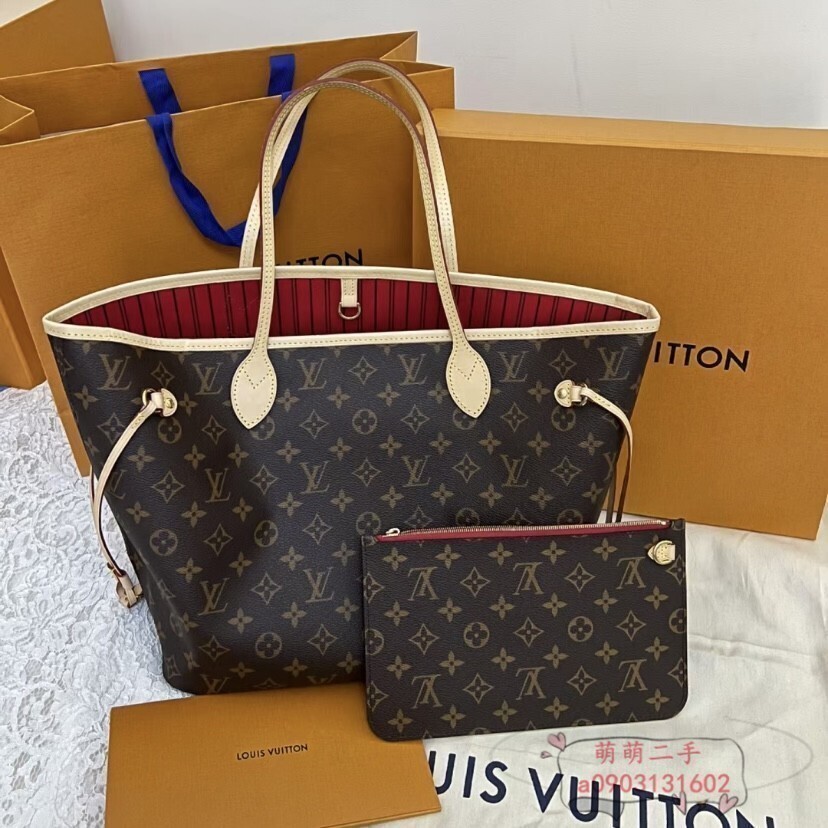 二手LV 路易威登 NEVERFULL PM 經典老花 小號 購物袋 子母包 托特包 手提包 玫紅色內裡M41245