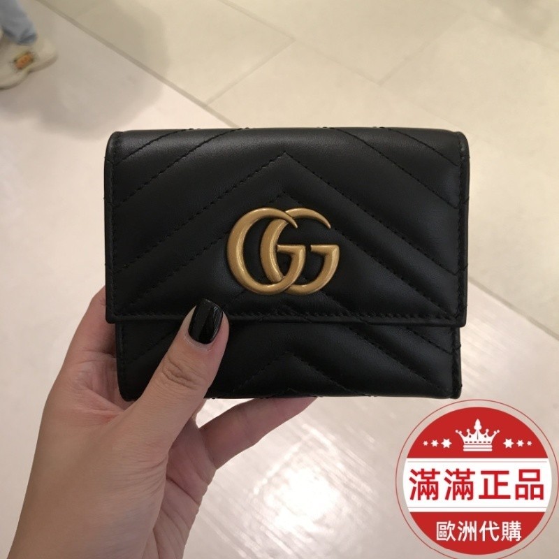 歐洲代購 專櫃商品GUCCI 古馳474802 GG Marmont 黑色 三折短夾 錢包 皮夾 卡夾零錢包二手